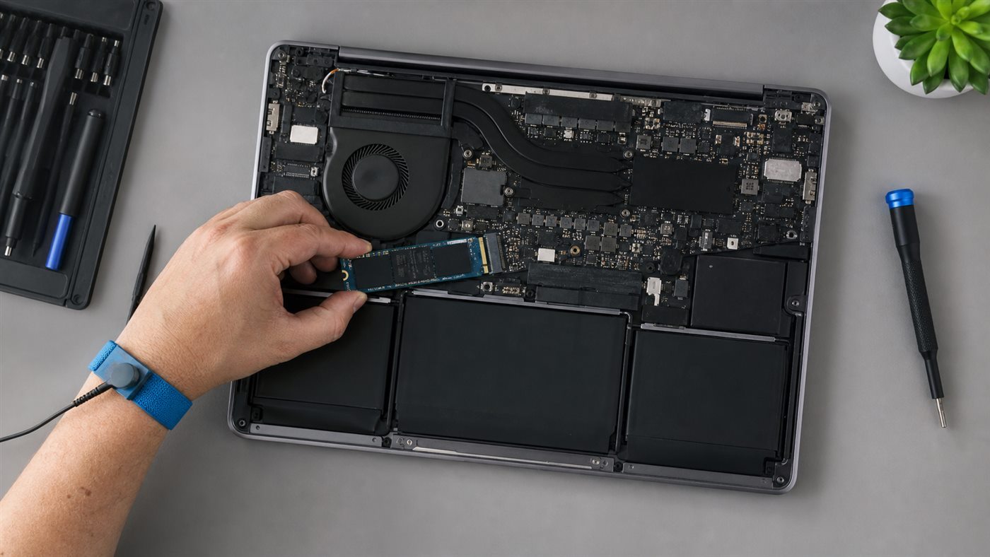 A SO-DIMM memory module being installed in a laptop