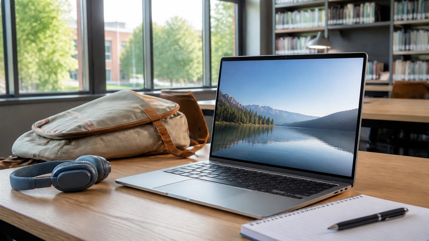 A lightweight college laptop beside notebooks in a library
