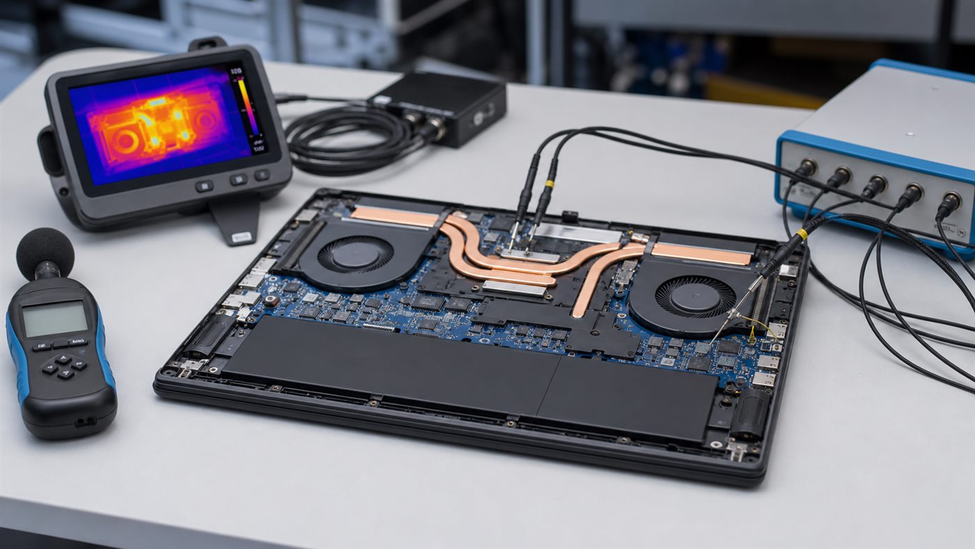 Laptop cooling fans and heat pipes exposed for inspection